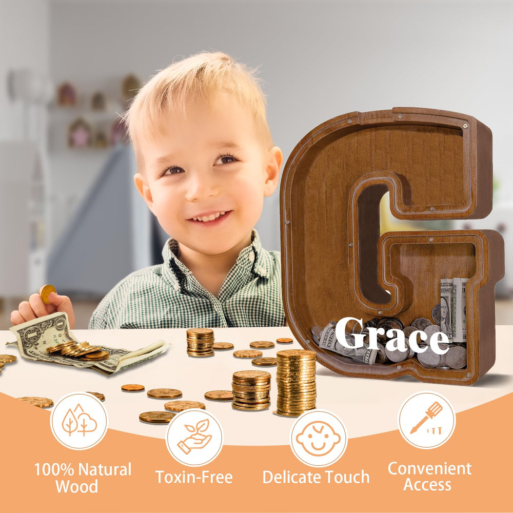 JOOMLAFLY wooden letter piggy bank close-up showing polished edges for safe handling
