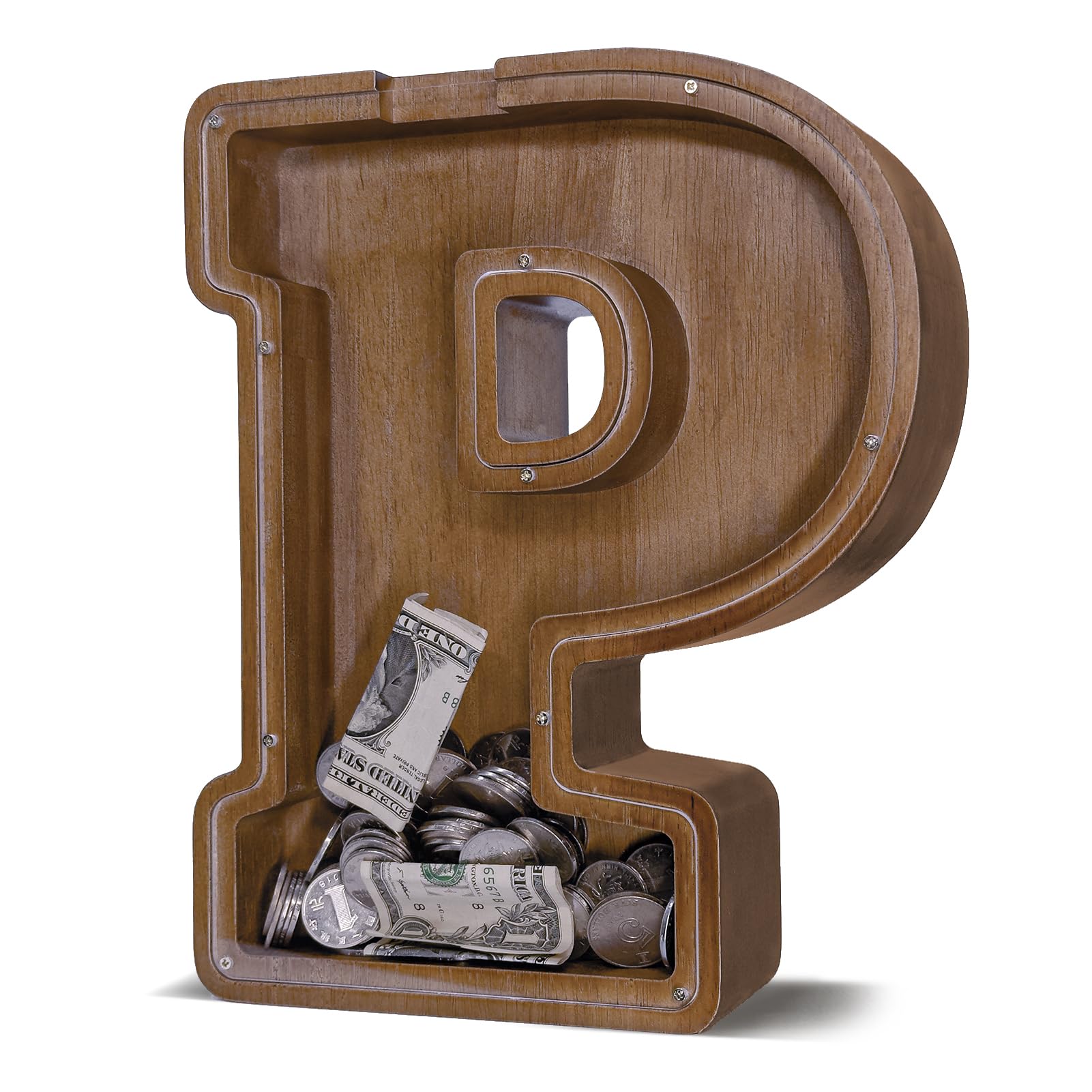 JOOMLAFLY wooden letter piggy bank close-up showing craftsmanship and a natural, safe finish.