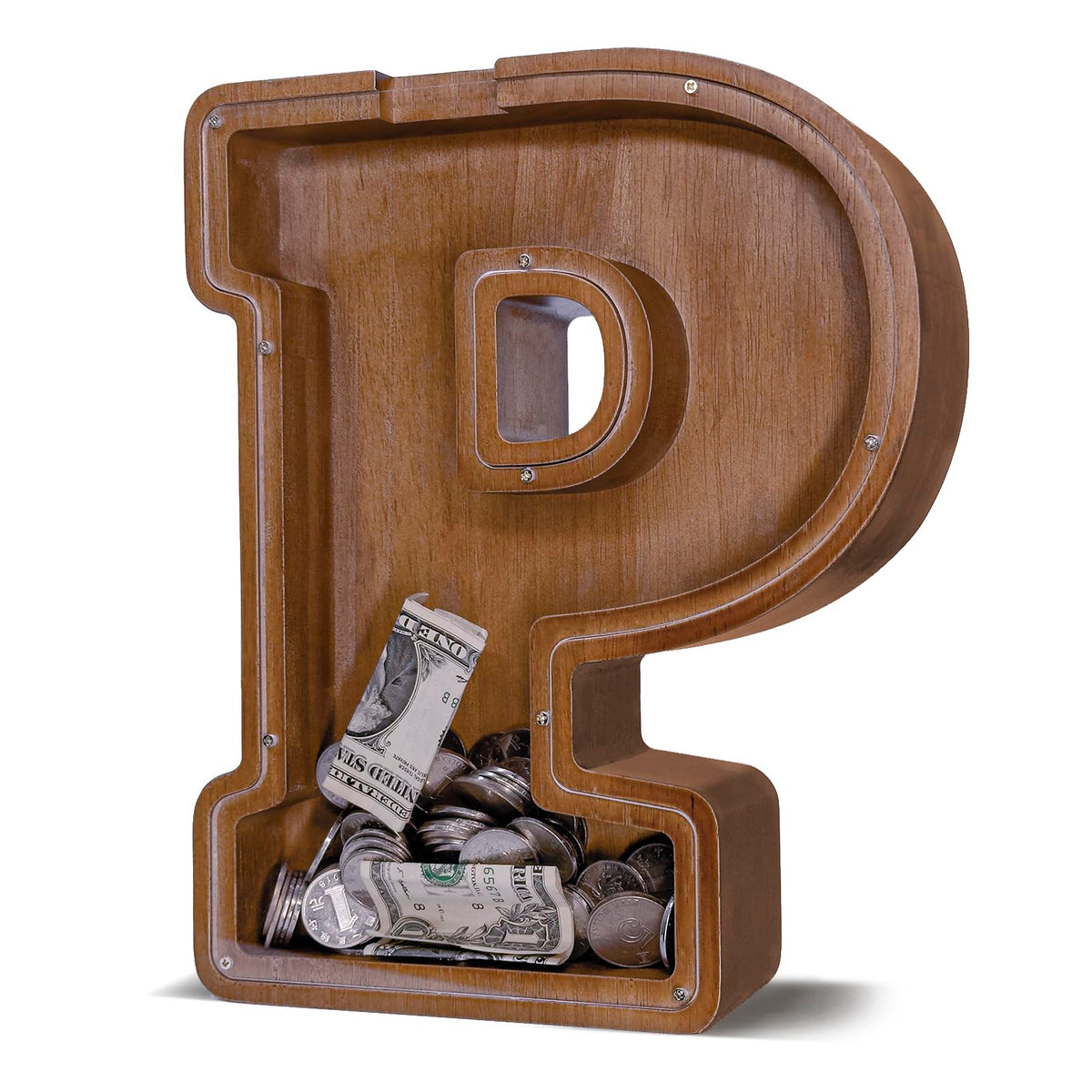 JOOMLAFLY wooden letter piggy bank close-up showing craftsmanship and a natural, safe finish.