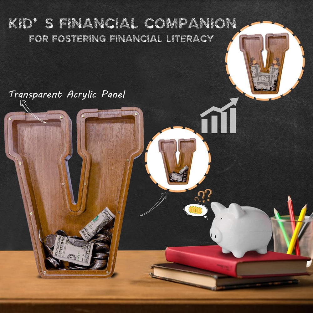 JOOMLAFLY wooden letter piggy bank showing engraved messages option