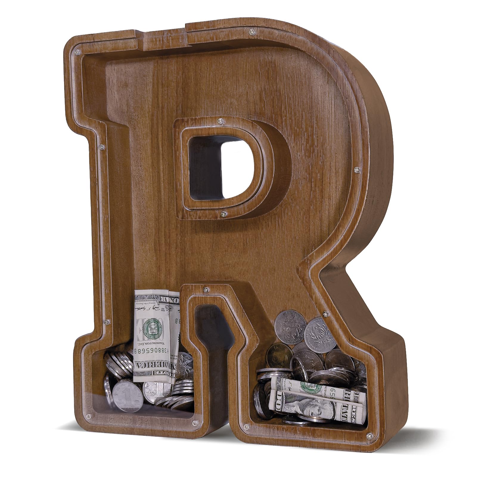 JOOMLAFLY wooden letter piggy bank front view encourages kids to start saving