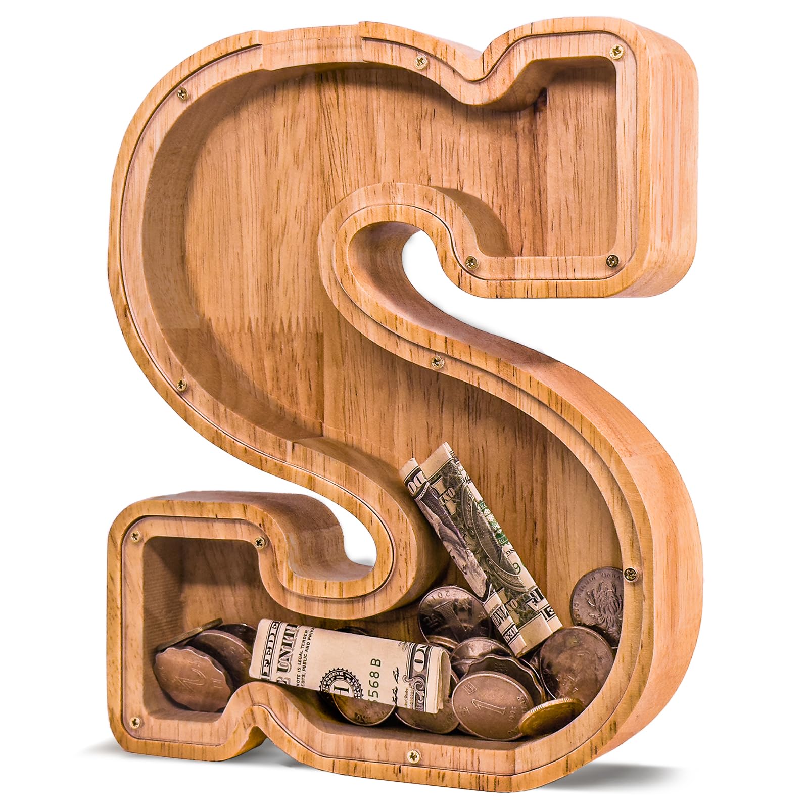 JOOMLAFLY wooden letter piggy bank front view with personalized initial and natural finish