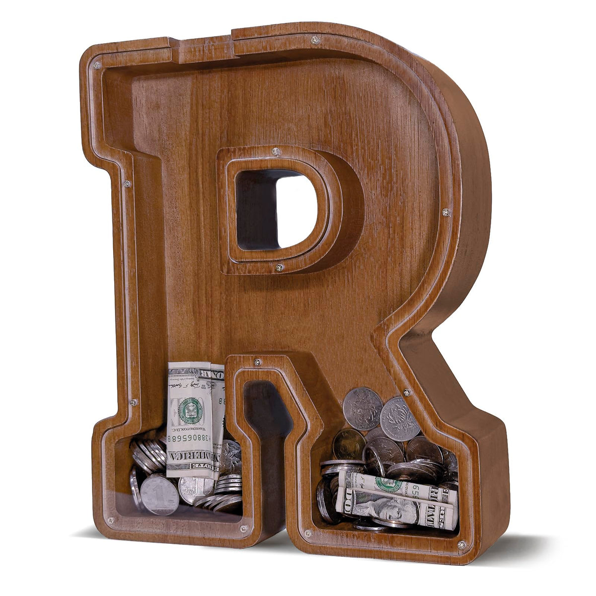 JOOMLAFLY wooden letter piggy bank front view encourages kids to start saving