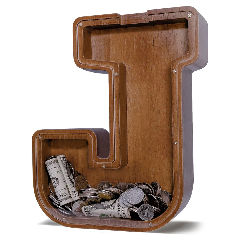 JOOMLAFLY wooden letter piggy bank front view promotes visual saving progress for kids.