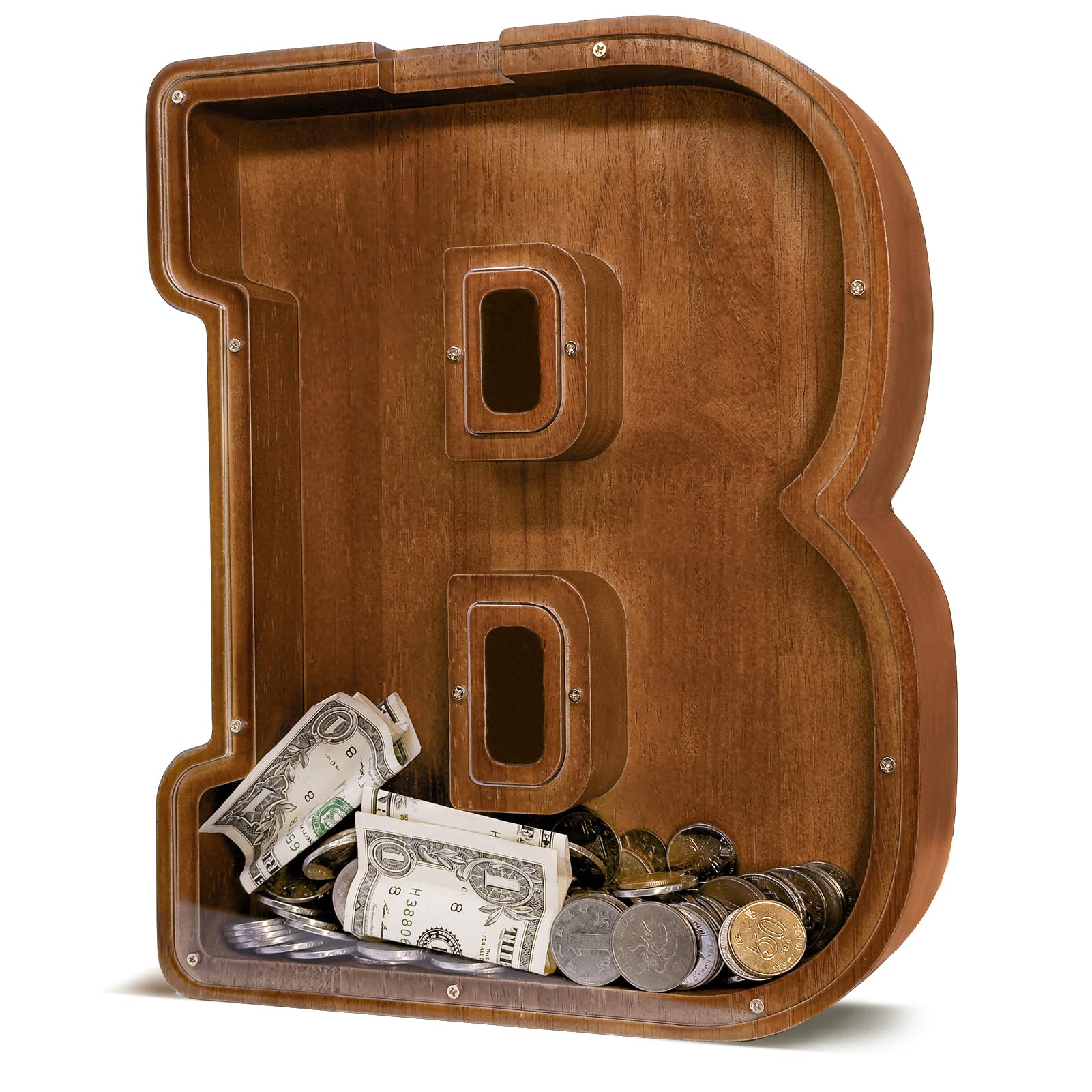 JOOMLAFLY wooden letter piggy bank front view shows sturdy craftsmanship for growing savings