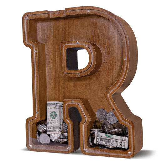 JOOMLAFLY wooden letter piggy bank front view encourages kids to start saving