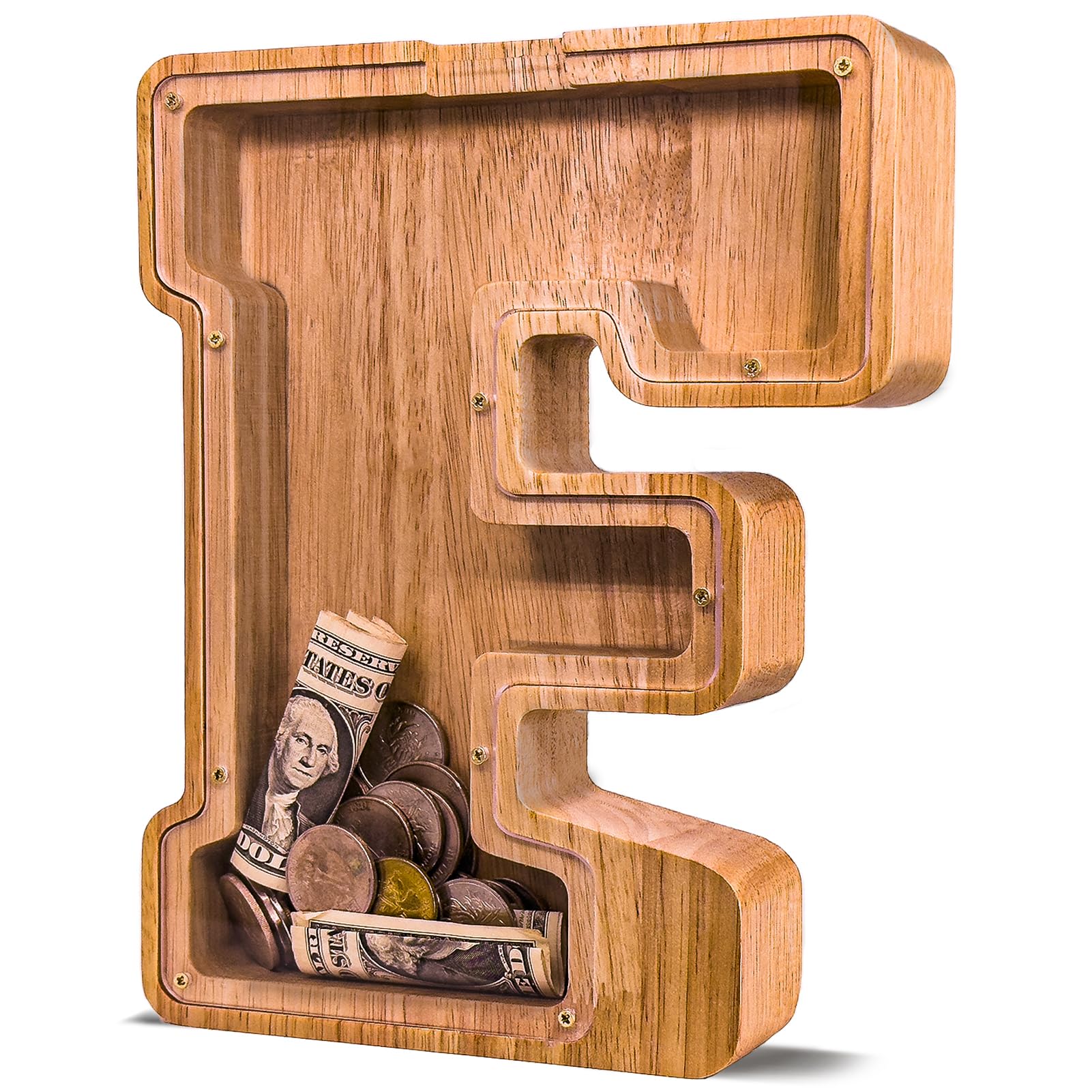 JOOMLAFLY wooden letter piggy bank front view with natural finish for kids