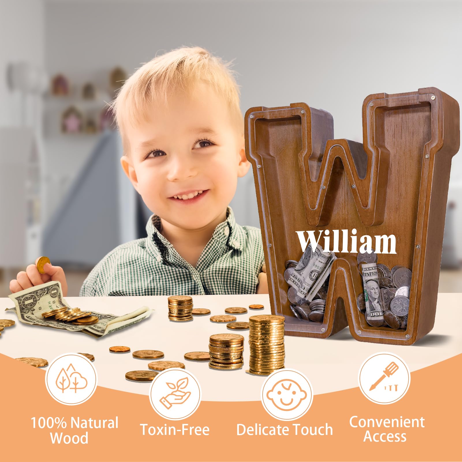 JOOMLAFLY wooden letter piggy bank front view highlights durable craftsmanship.