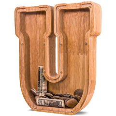 JOOMLAFLY wooden letter piggy bank front view with initial; ideal for teaching kids to save
