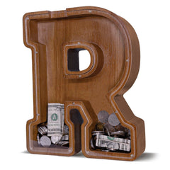 JOOMLAFLY wooden letter piggy bank front view encourages kids to start saving