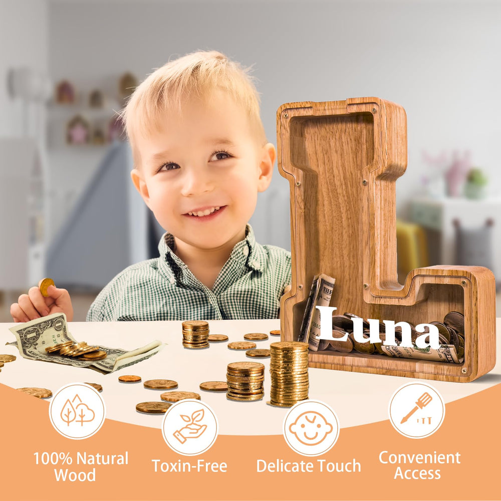 JOOMLAFLY wooden letter piggy bank initial display highlights personalized charm