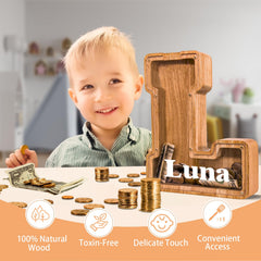 JOOMLAFLY wooden letter piggy bank initial display highlights personalized charm