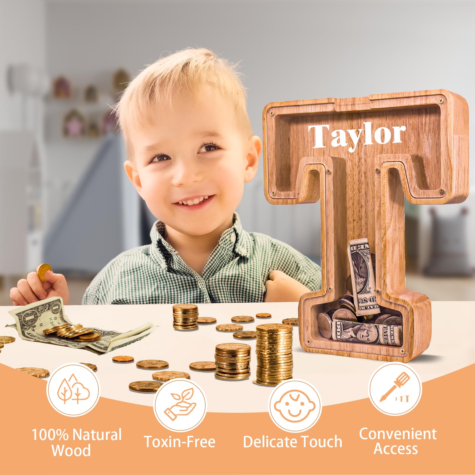 JOOMLAFLY wooden letter piggy bank with initial engraving for a personalized gift
