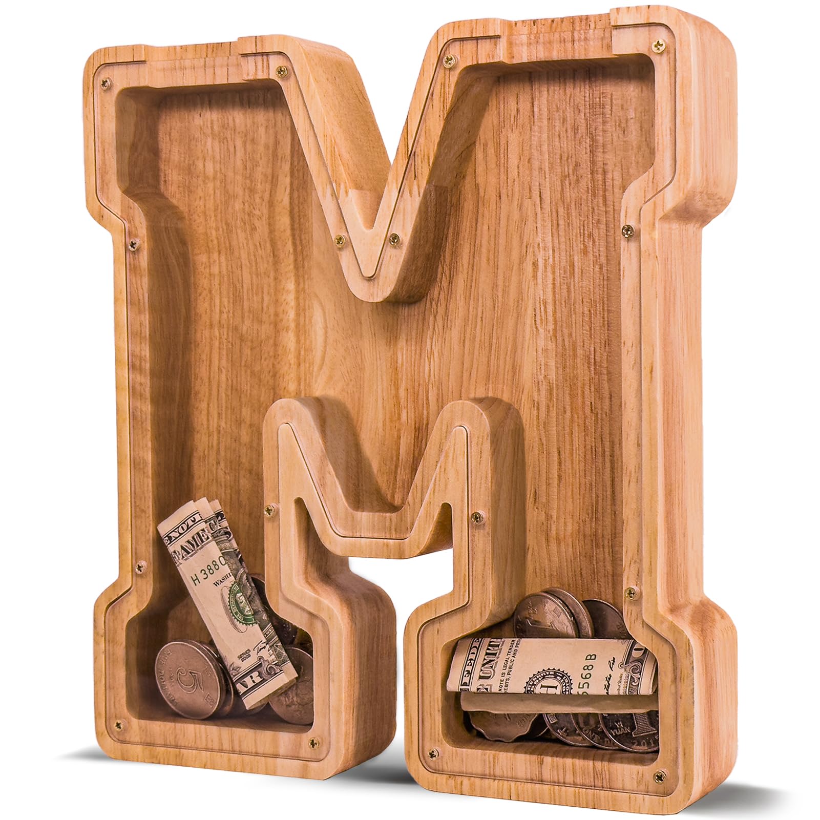 JOOMLAFLY wooden letter piggy bank with initial design to promote early saving