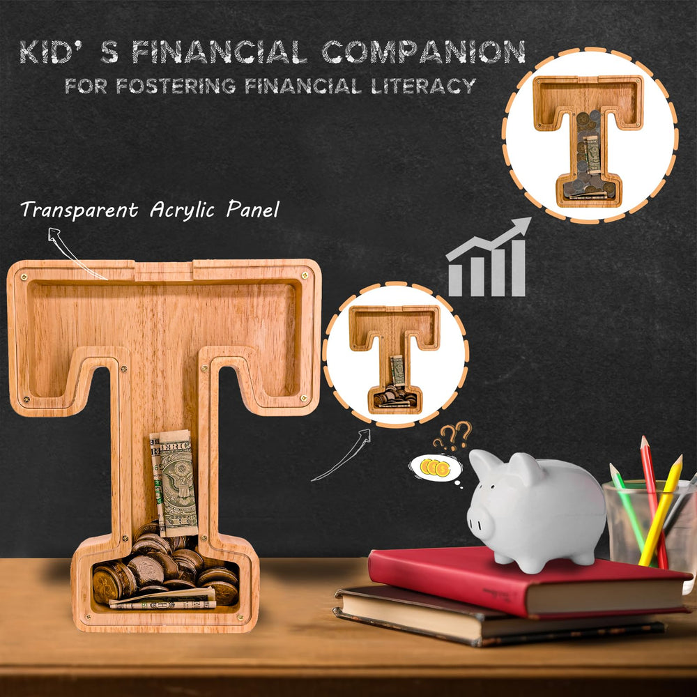 JOOMLAFLY wooden letter piggy bank natural finish showing organic look