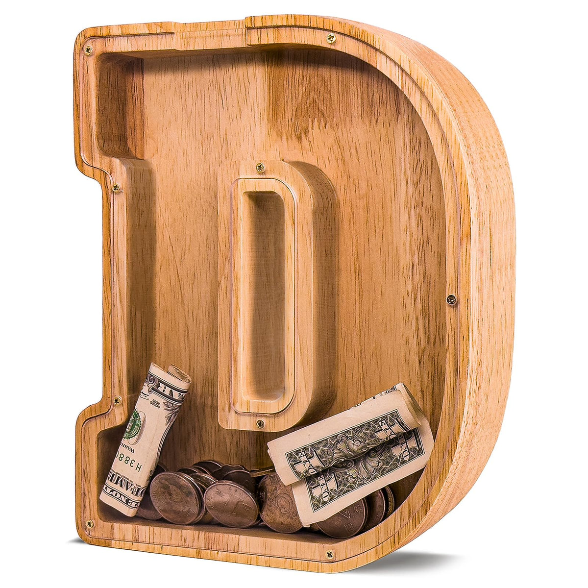 JOOMLAFLY wooden letter piggy bank panel enables easy savings monitoring for kids