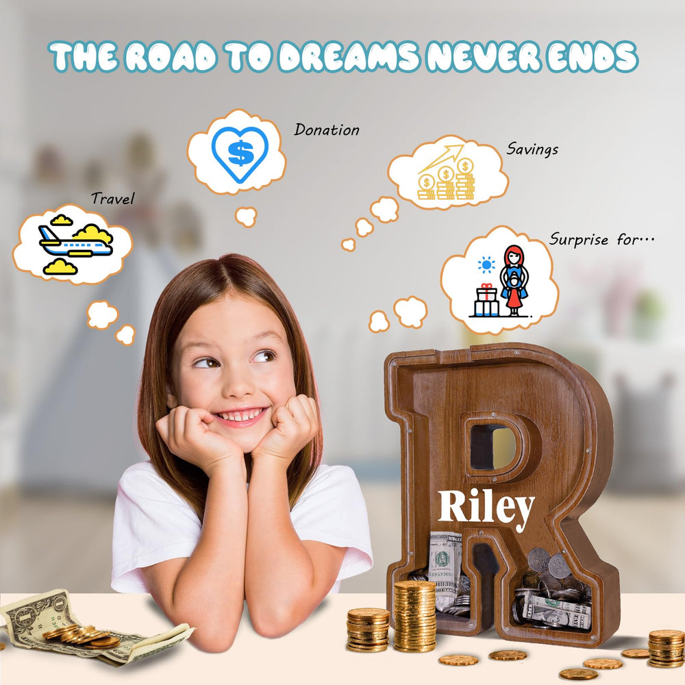 JOOMLAFLY wooden letter piggy bank personalization area for engraving names or messages