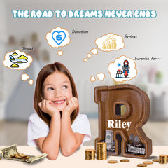 JOOMLAFLY wooden letter piggy bank personalization area for engraving names or messages