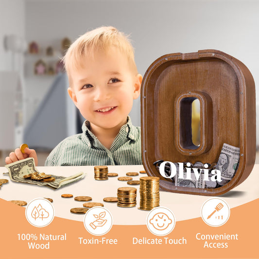 JOOMLAFLY wooden letter piggy bank side profile, sturdy craft and natural finish
