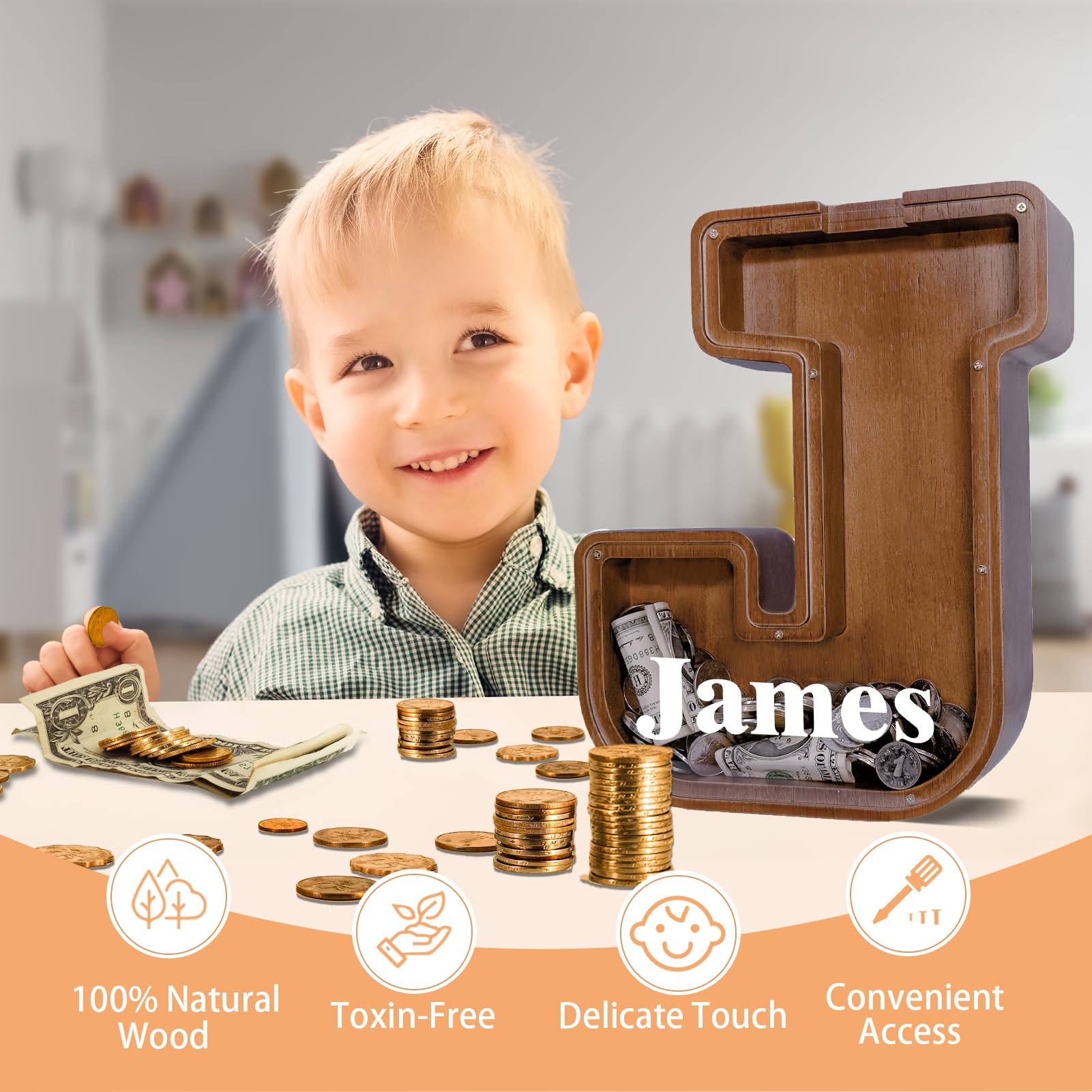 JOOMLAFLY wooden letter piggy bank side view shows sturdy, thick design for lasting use.