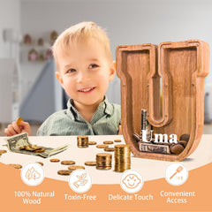JOOMLAFLY wooden letter piggy bank side view demonstrates sturdy, eco-friendly craftsmanship