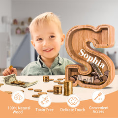 JOOMLAFLY piggy bank side view highlights durable wood and smooth edges