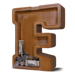 JOOMLAFLY wooden letter piggy bank with smooth finish for kids' savings.