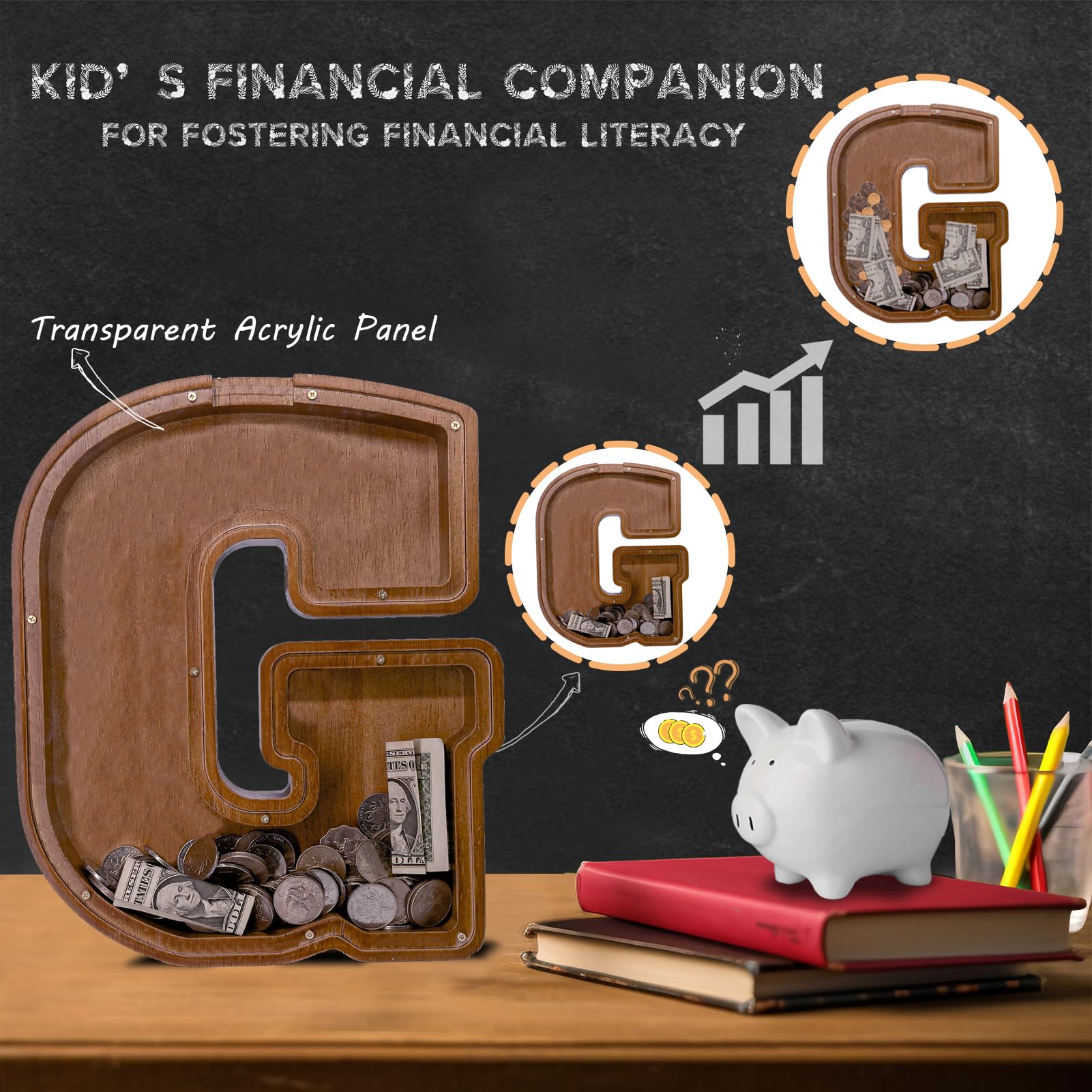 JOOMLAFLY wooden letter piggy bank transparent panel for easy savings tracking