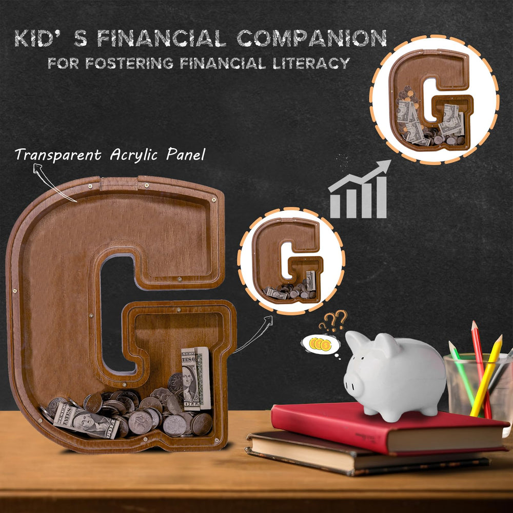 JOOMLAFLY wooden letter piggy bank transparent panel for easy savings tracking
