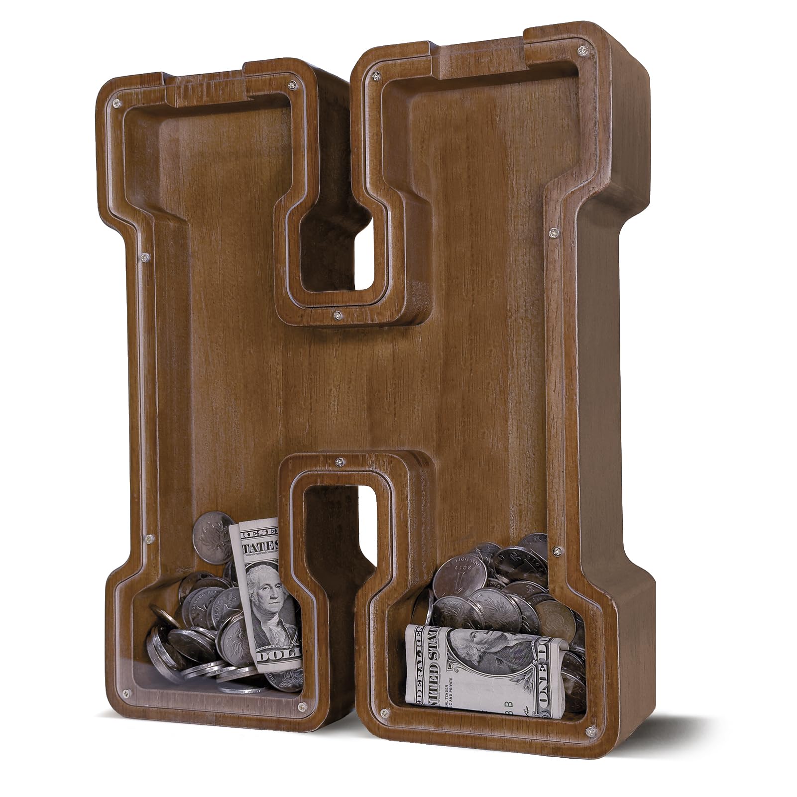 JOOMLAFLY wooden letter piggy bank with natural finish, durable and kid-safe.