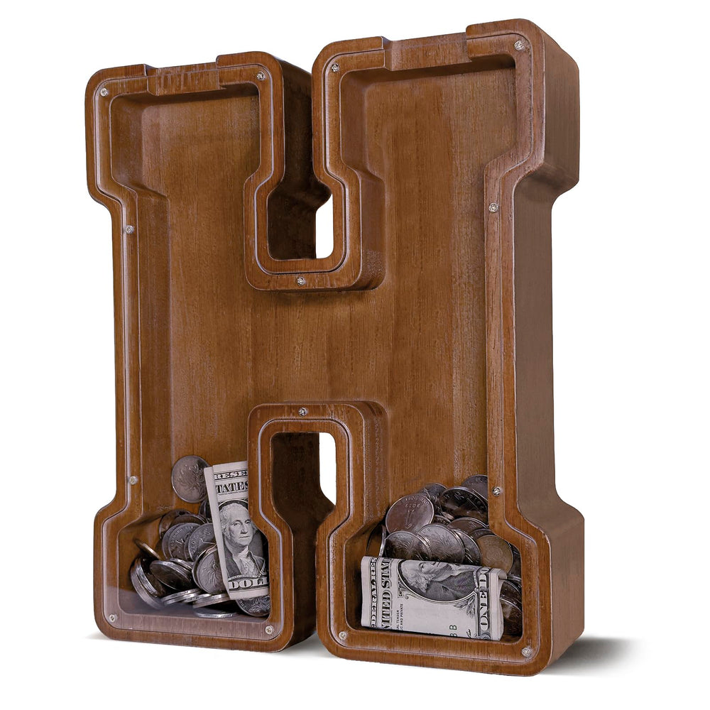 JOOMLAFLY wooden letter piggy bank with natural finish, durable and kid-safe.
