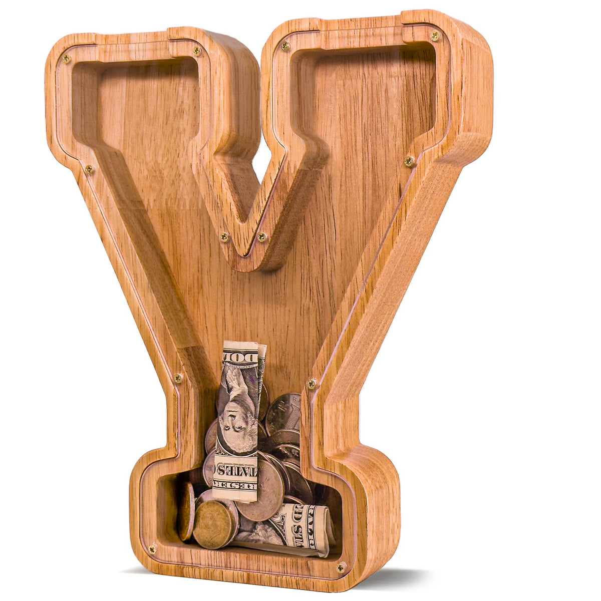 JOOMLAFLY wooden letter piggy bank for kids savings and durable decor