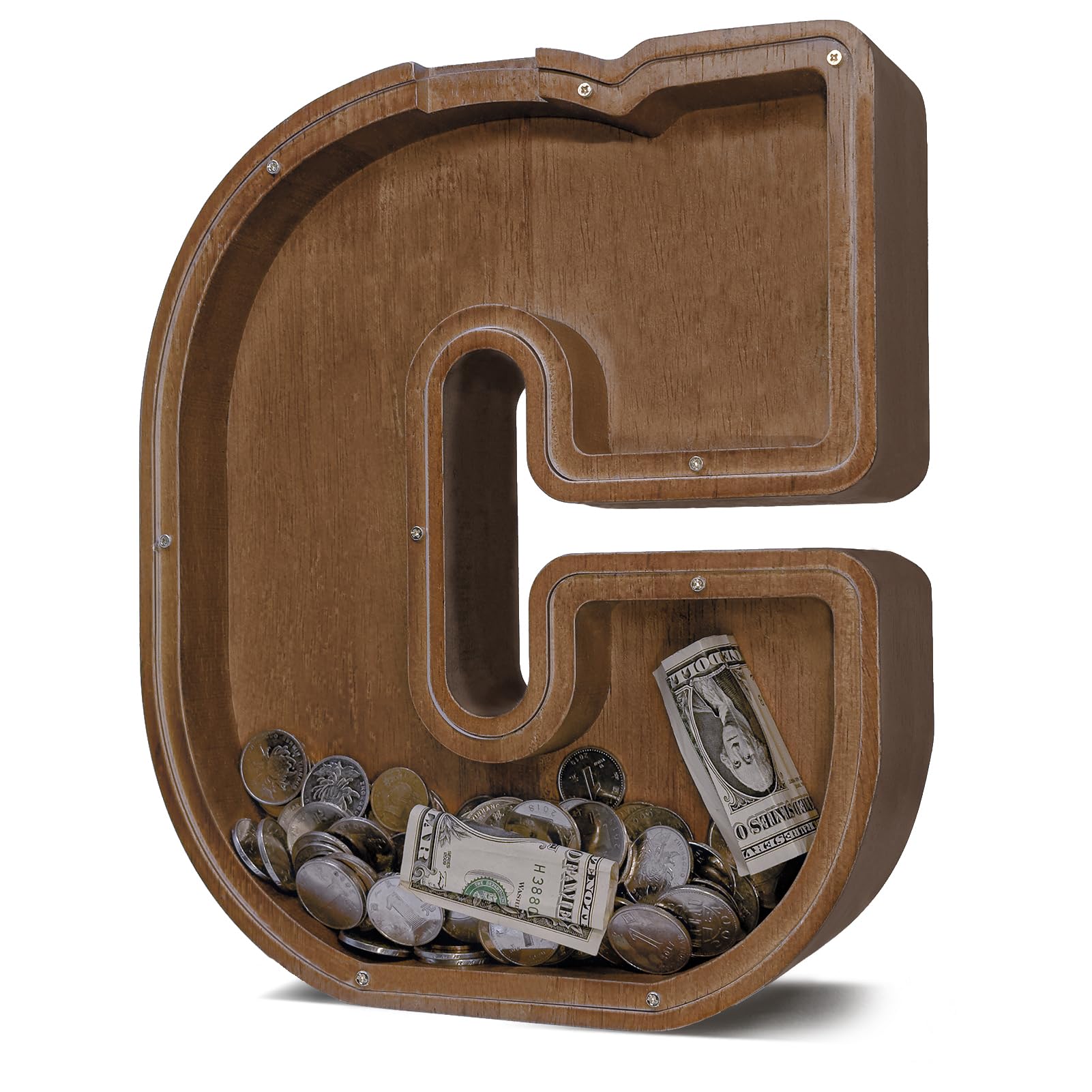 JOOMLAFLY wooden letter piggy bank in full view showing durable kid-friendly design