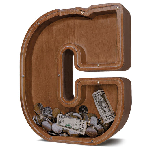 JOOMLAFLY wooden letter piggy bank in full view showing durable kid-friendly design