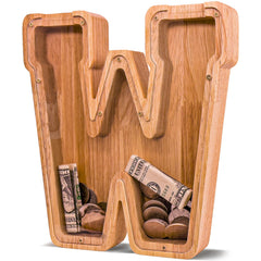 JOOMLAFLY wooden letter piggy bank showing natural wood and durable craftsmanship for long-term savings