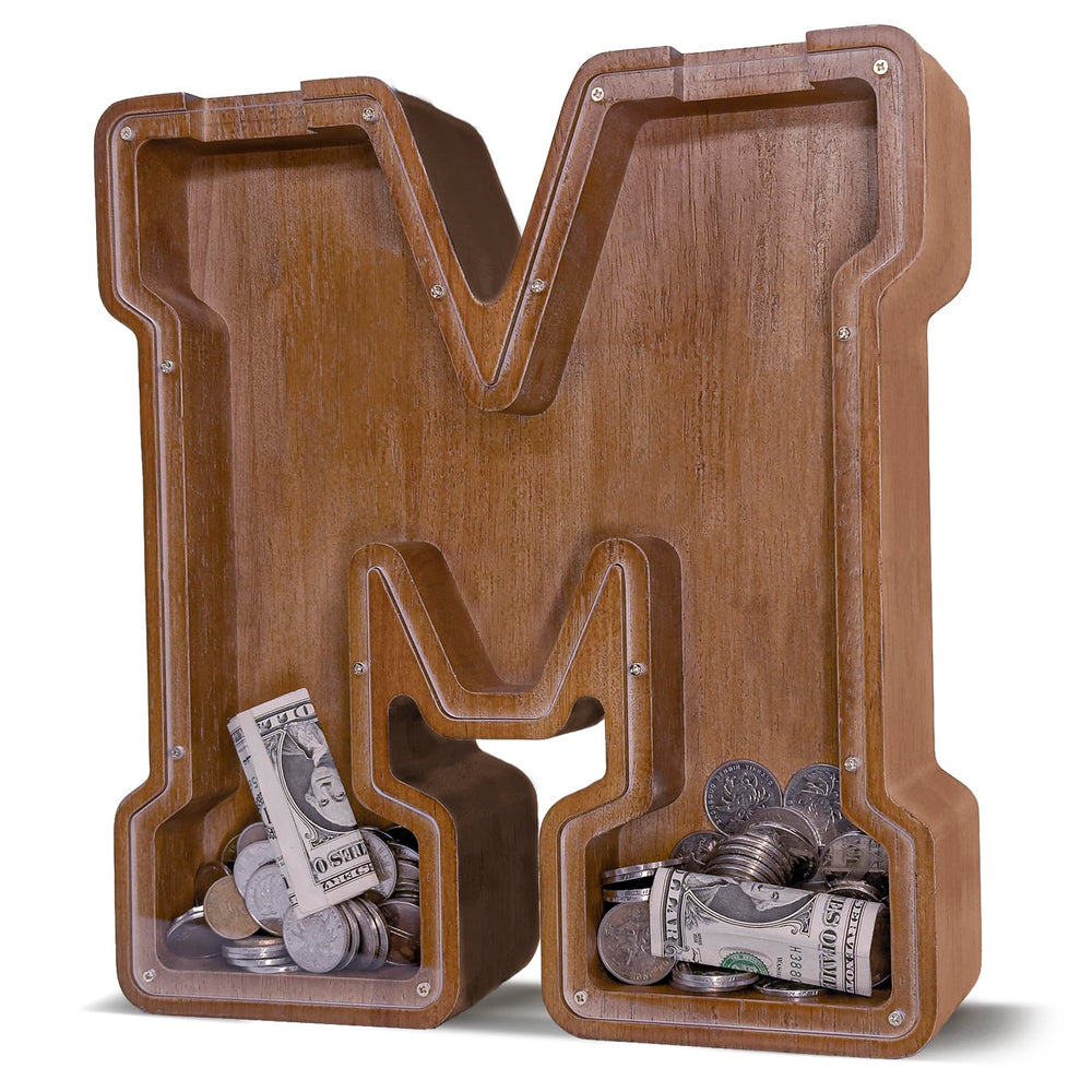 JOOMLAFLY wooden letter piggy bank with natural finish promotes kid friendly savings