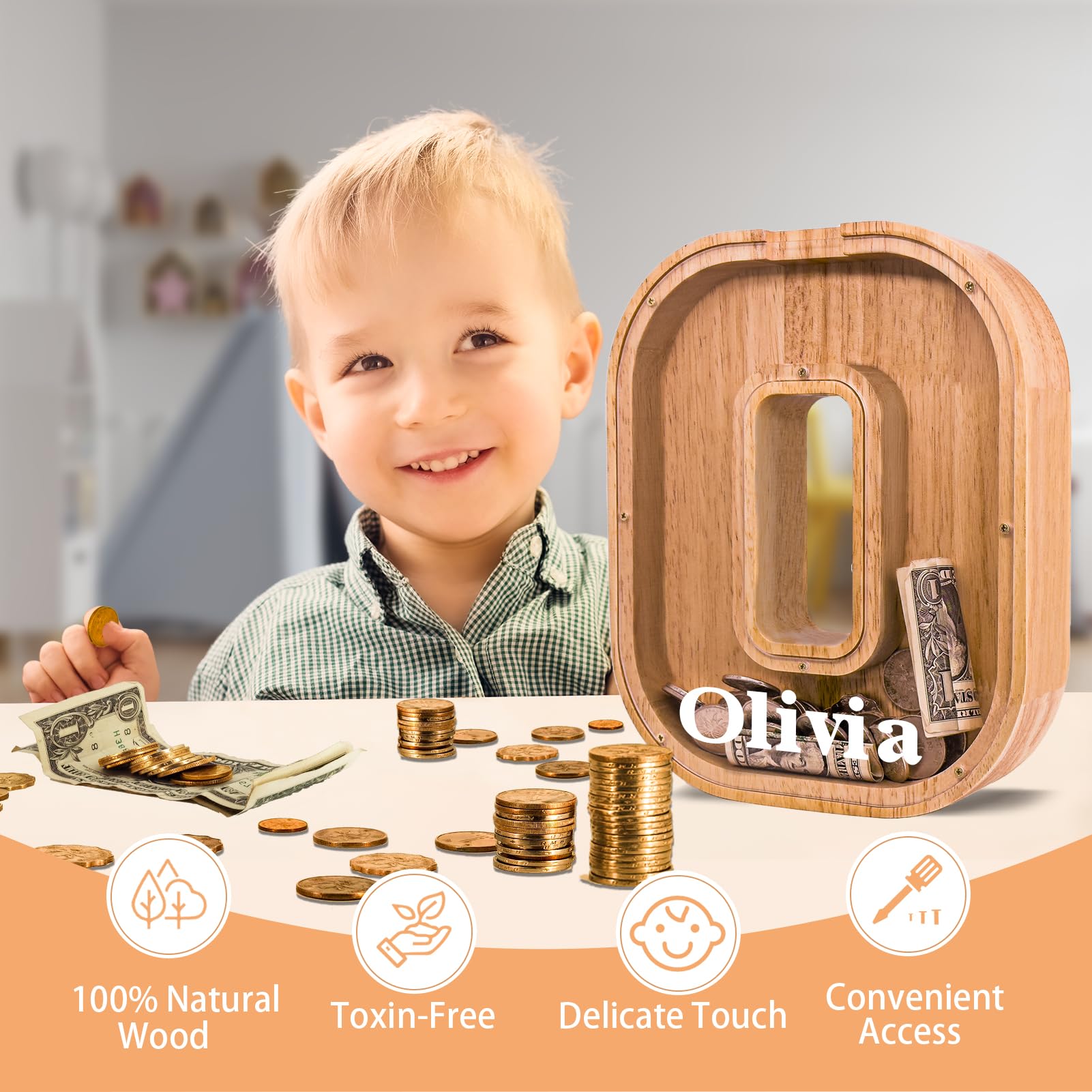 JOOMLAFLY 9-inch tall piggy bank with a natural wood finish.