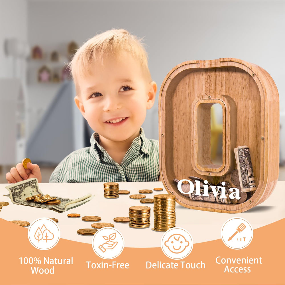 JOOMLAFLY 9-inch tall piggy bank with a natural wood finish.