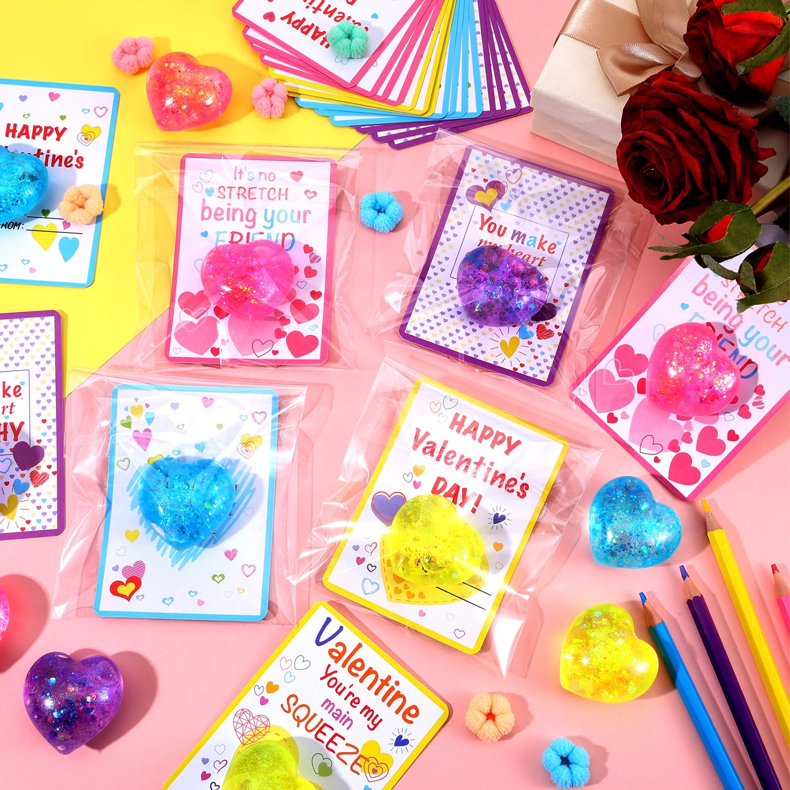 Joottuan four-color heart ball with glitter inside for tactile fun.