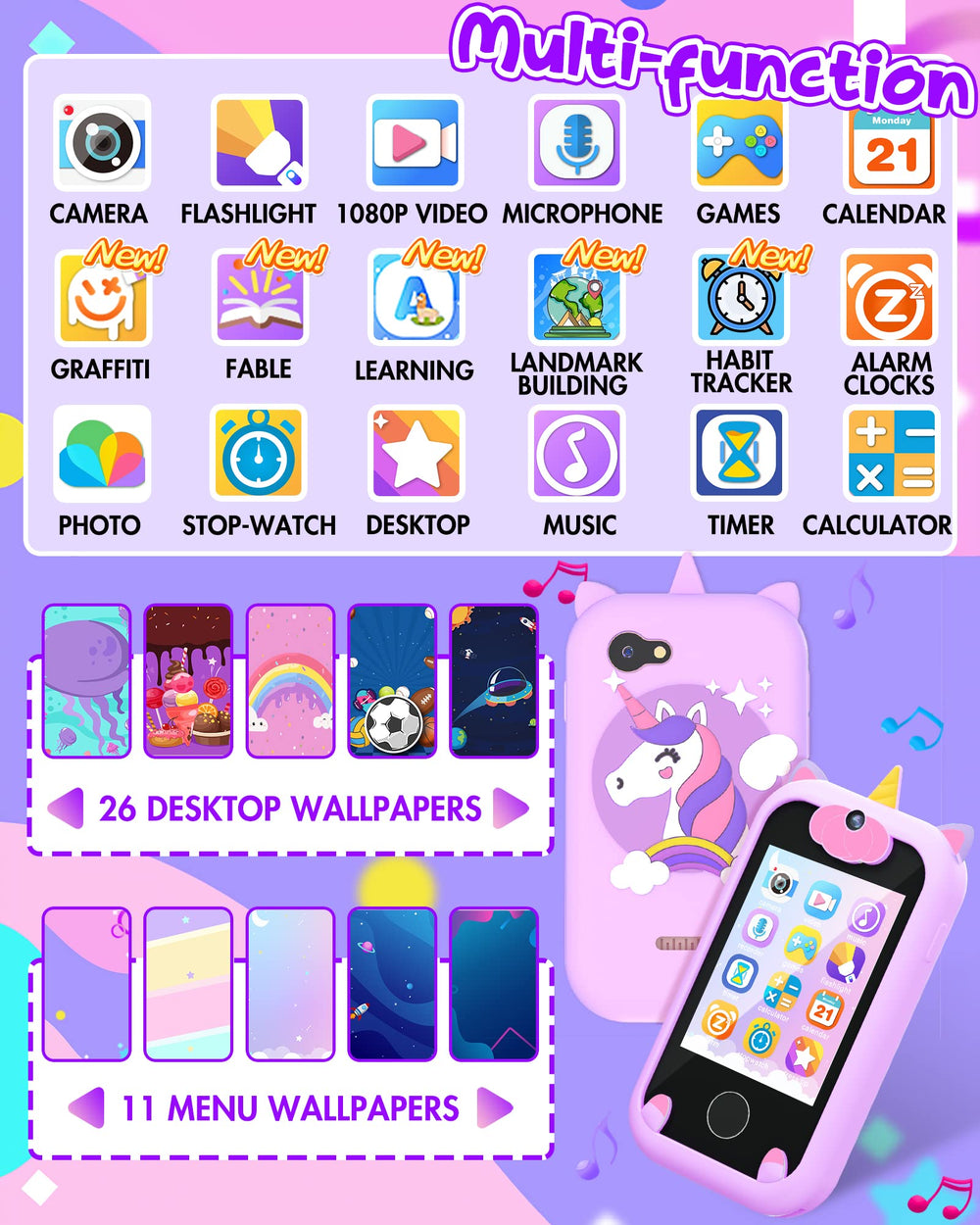Joozfee kids' purple back view smartphone, showcasing a durable shell for safe use.