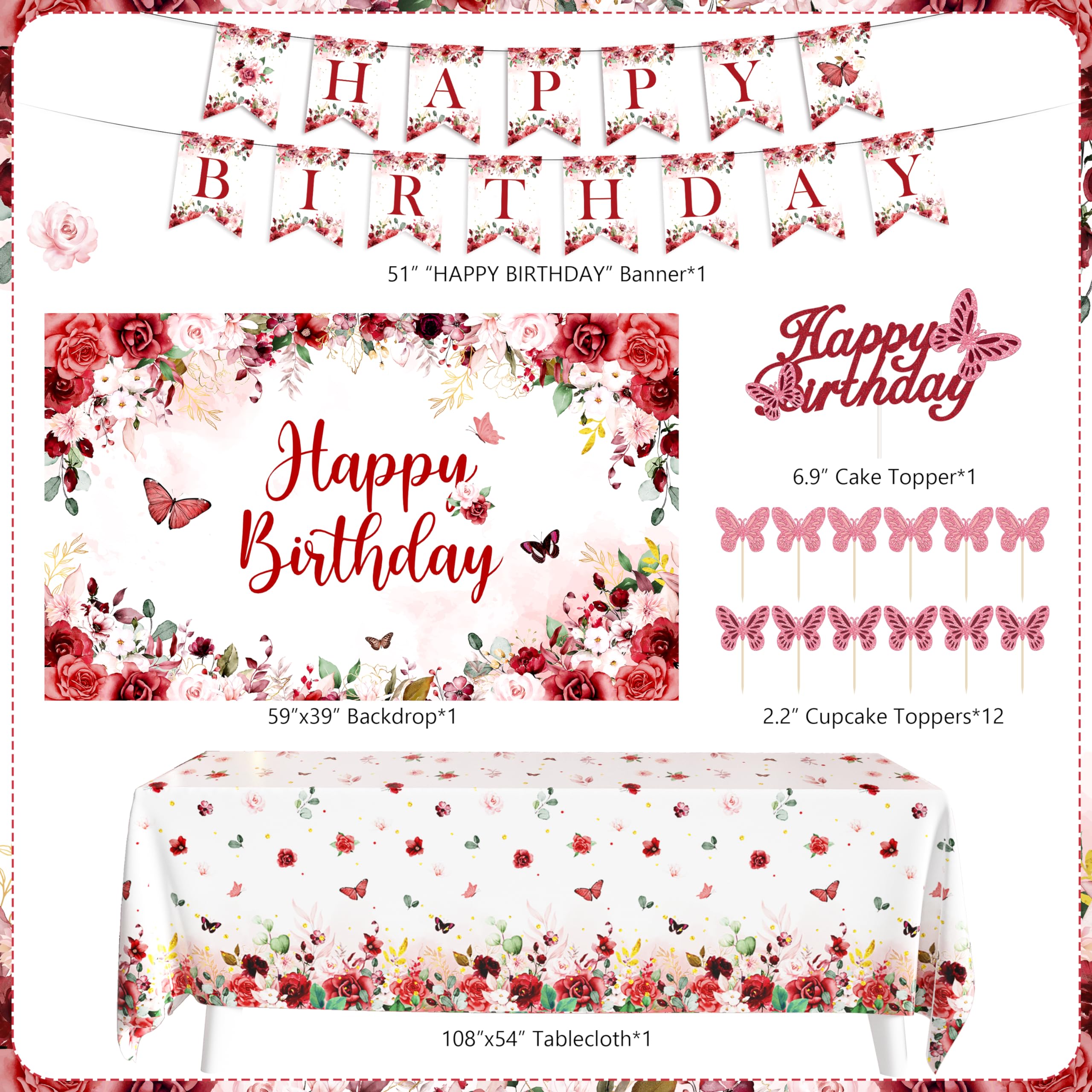 JOPHMO burgundy birthday banner adds festive signage for guests.