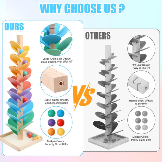 JOQQO wooden marble run tree leaves close-up highlights secure leaves and vibrant colors.
