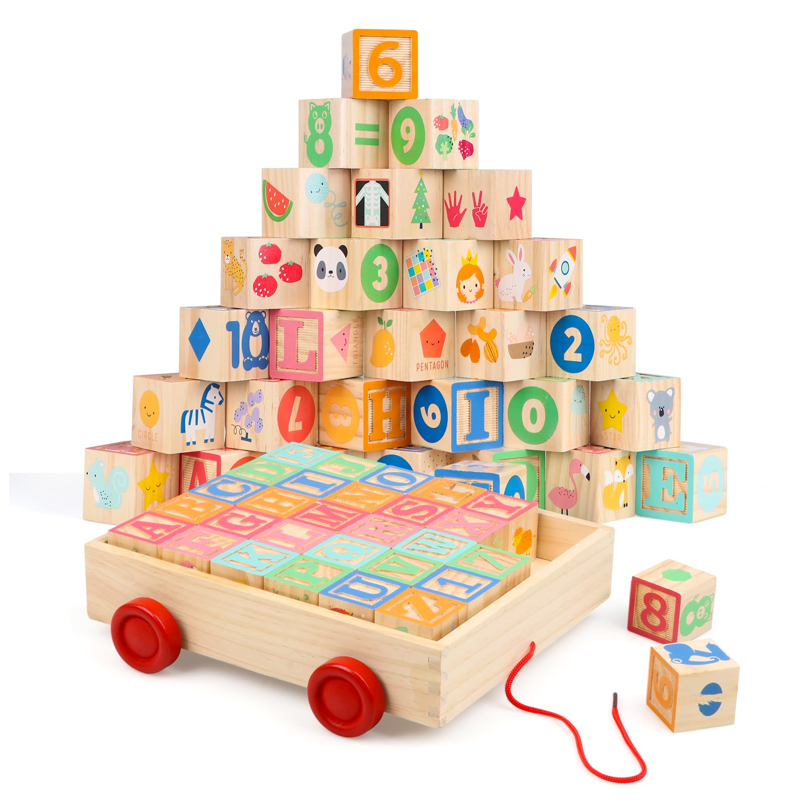Joqutoys wooden blocks in a pull wagon for organized play