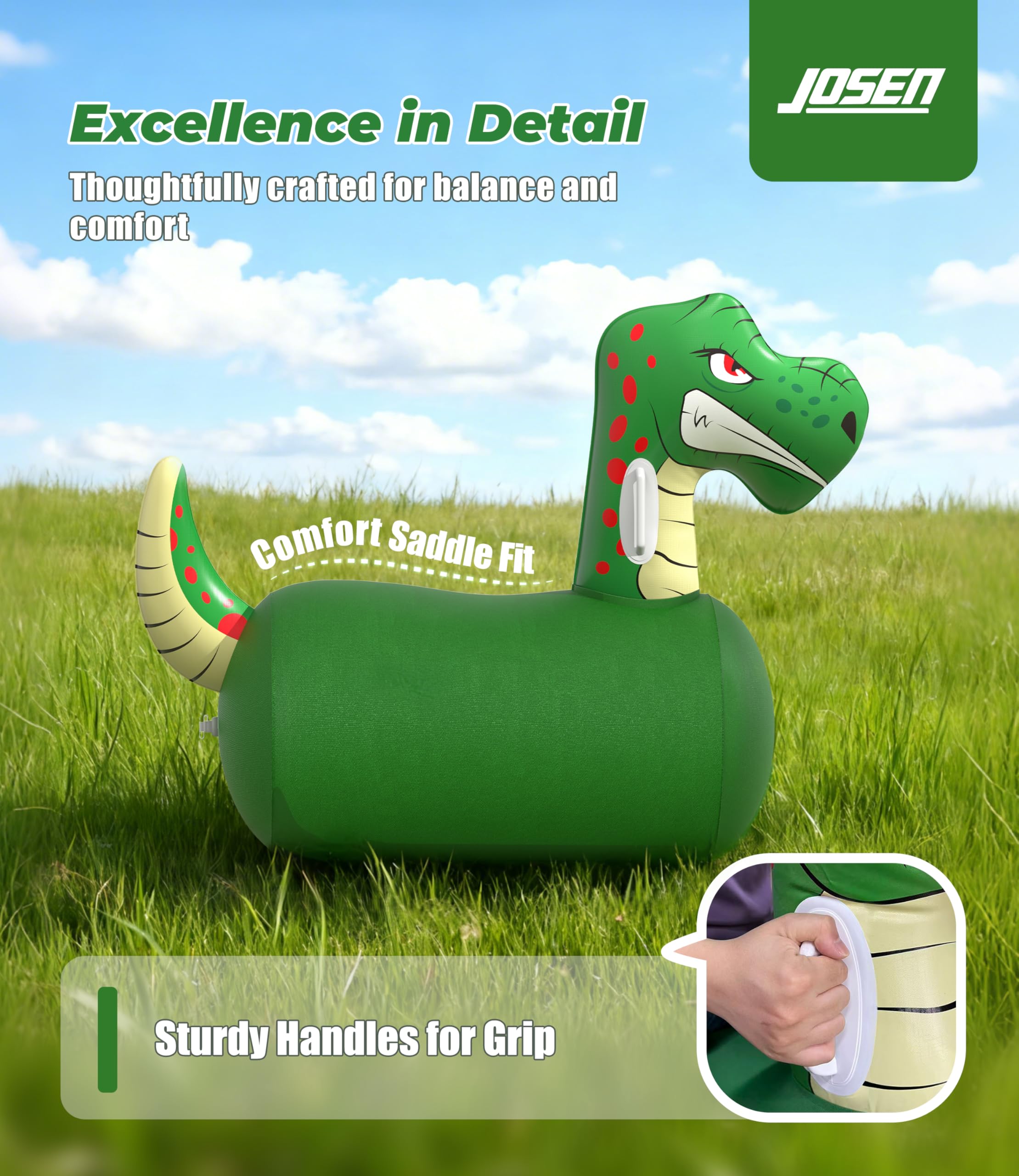 JOSEN Giant Dinosaur Hopper – inflation valve and pump enable quick at-home setup.