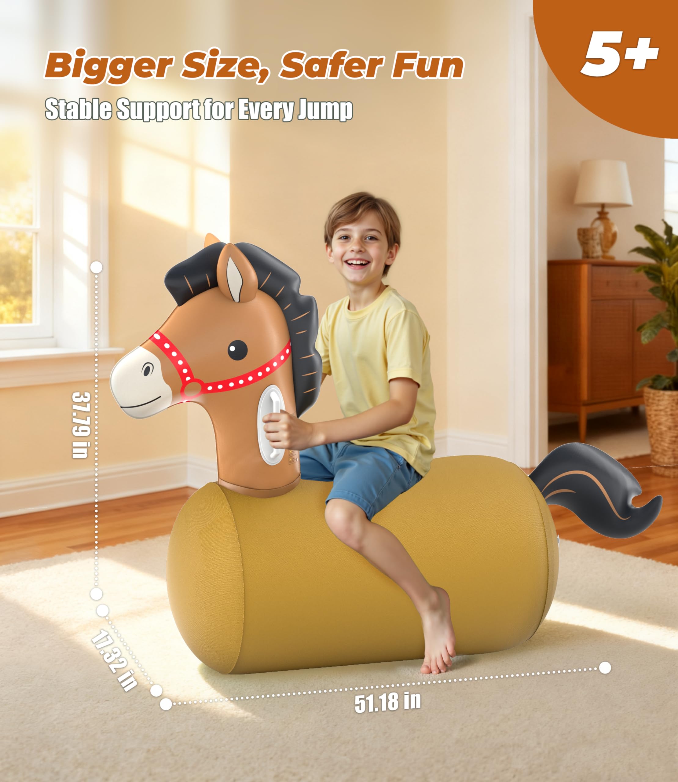 Inflatable horse with ergonomic saddle and handles for secure bouncing by JOSEN.
