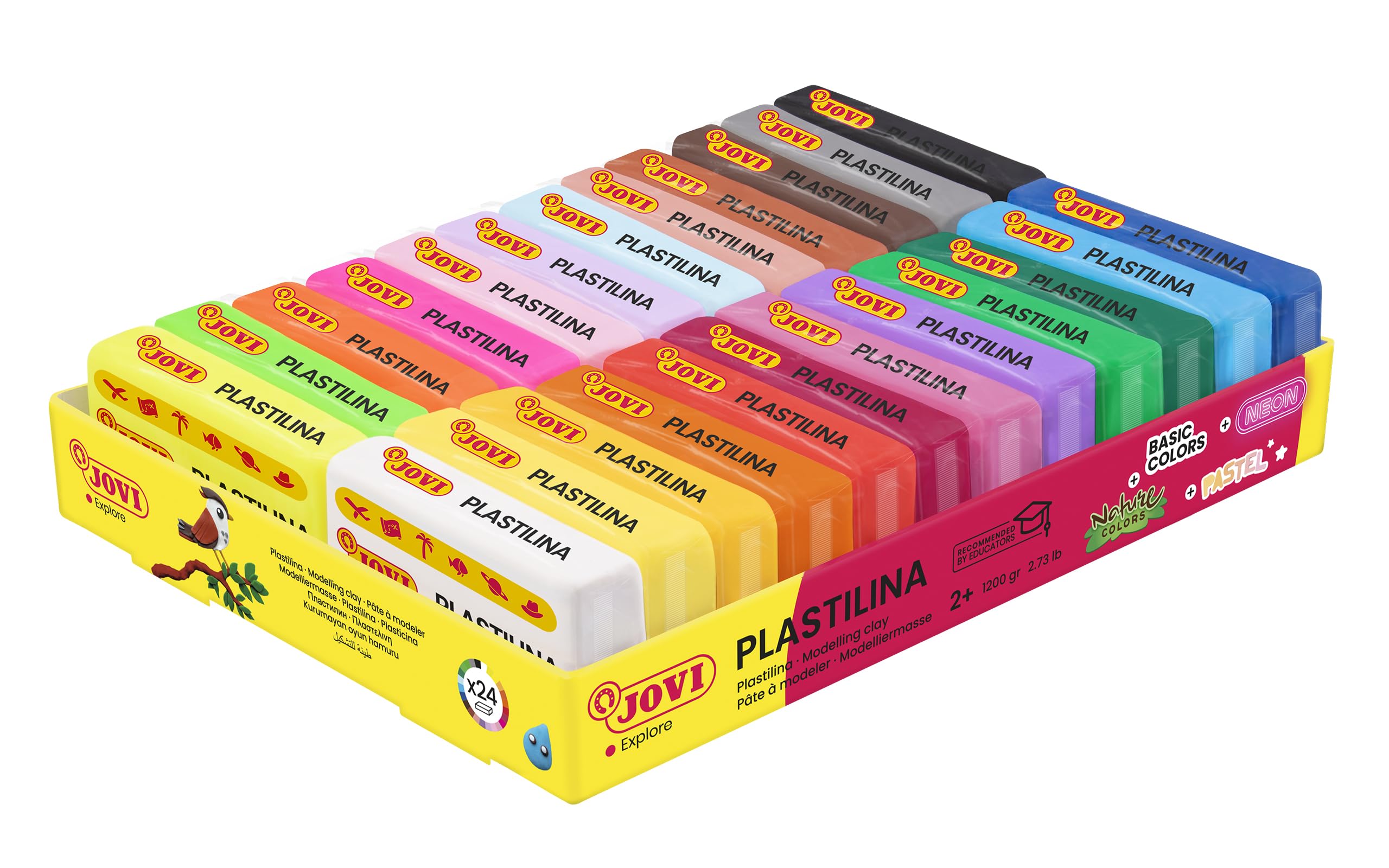 Jovi clay 24-color pack showcases vibrant hues for classroom and home crafts.