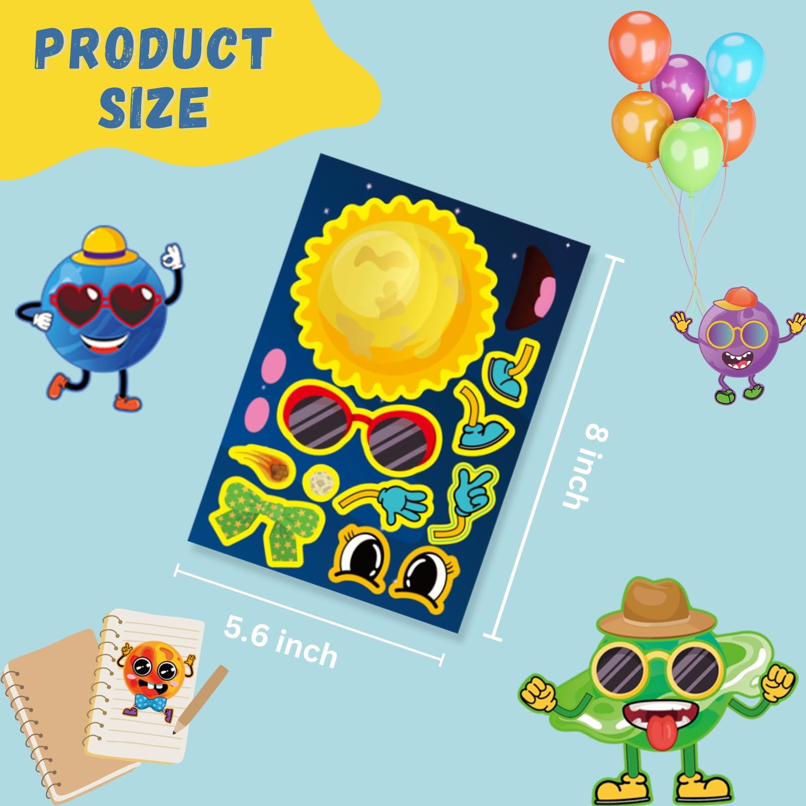 Jovial and Joyful astronaut and alien stickers for easy repositioning on party favors.
