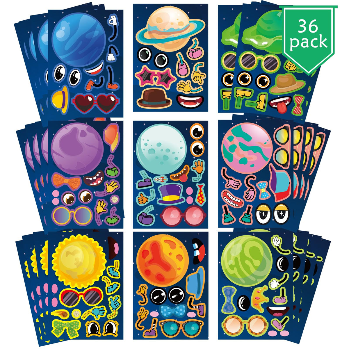 Jovial and Joyful planets stickers set for kids' space party decor and creative play.
