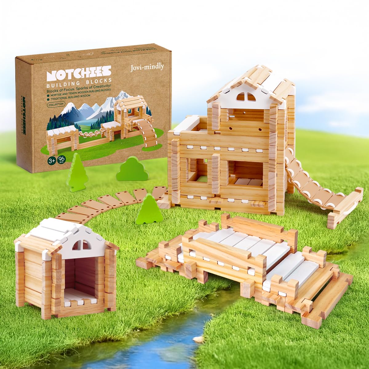 Jovi-mindly Notchies wooden blocks with storage bag for organized play and easy cleanup.