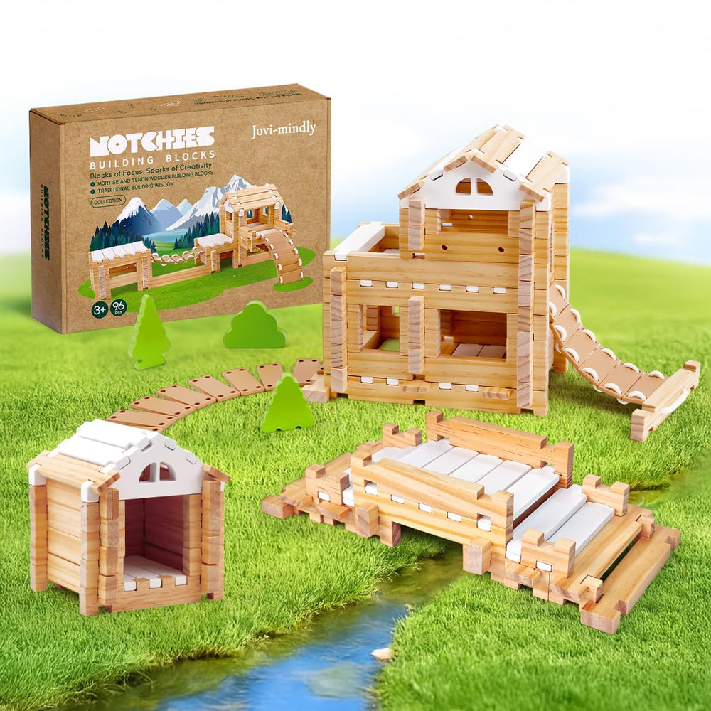 Jovi-mindly Notchies wooden blocks with storage bag for organized play and easy cleanup.